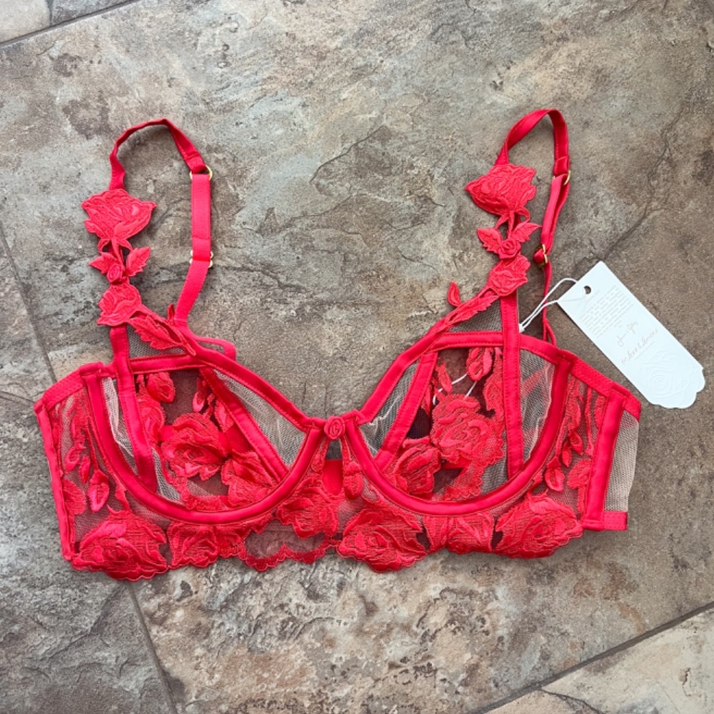 NWT For Love and Lemons Red Rose Floral Lace Underwire Demi Bra Size XS